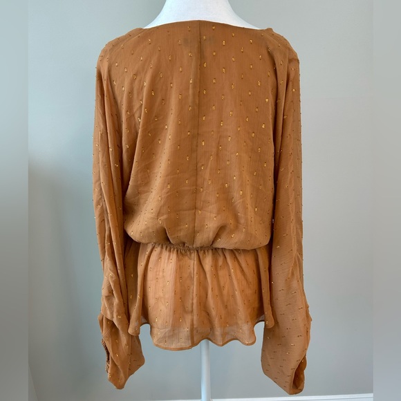 Women’s Express Sheer Long Sleeve Ruche Waist Peplum Top- Sienna w/ Gold- Medium - Picture 3 of 3